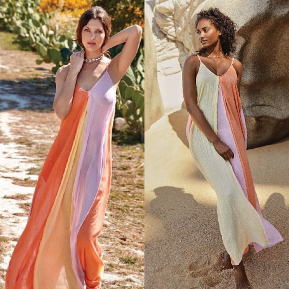 Elan Dresses & Skirts - ELAN Colorblock Maxi Dress Size M Swim Cover-Up Beach Pockets Flowy Made in USA